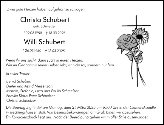 Traueranzeige von Christa Schubert von Binger-/Ingelheimer Wochenblatt