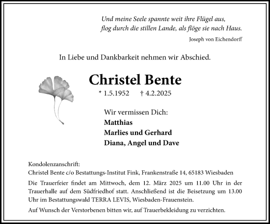 Traueranzeige von Christel Bente von Wiesbadener Kurier