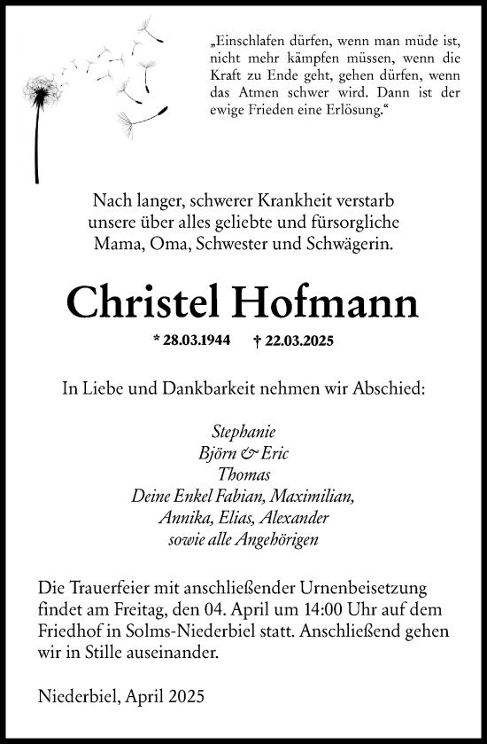Traueranzeige von Christel Hofmann von Wetzlarer Neue Zeitung