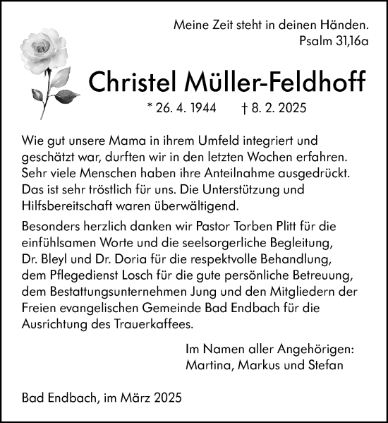 Traueranzeige von Christel Müller-Feldhoff von Hinterländer Anzeiger