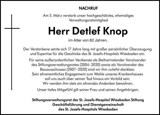 Traueranzeige von Detlef Knop von Wiesbadener Kurier