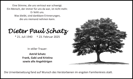 Traueranzeige von Dieter Paul Schatz von Allgemeine Zeitung Mainz