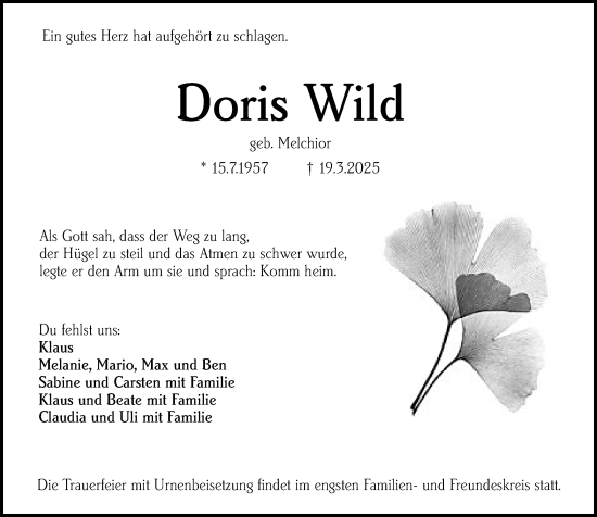 Traueranzeige von Doris Wild von Groß-Gerauer Echo