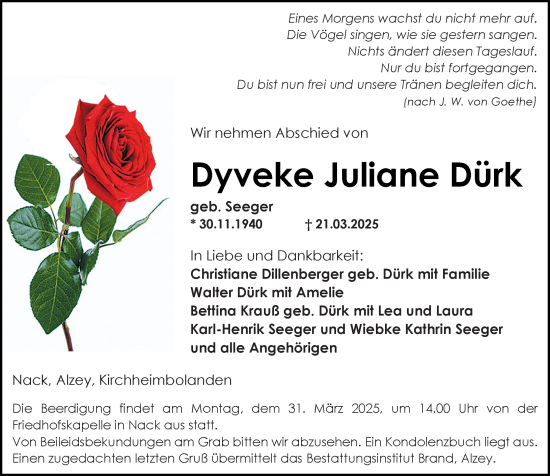 Traueranzeige von Dyveke Juliane Dürk von Allgemeine Zeitung Alzey