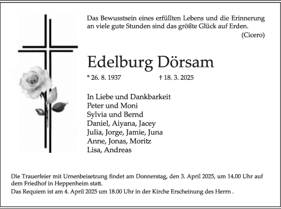 Traueranzeige von Edelburg Dörsam von Starkenburger Echo