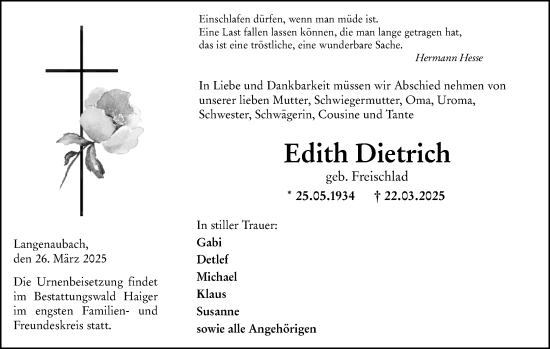 Traueranzeige von Edith Dietrich von Dill Block