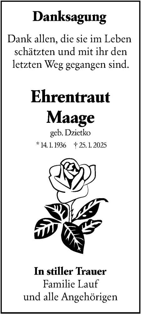Traueranzeige von Ehrentraut Maage von Wiesbadener Kurier