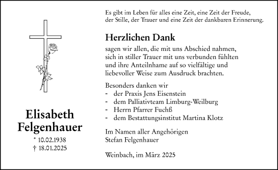 Traueranzeige von Elisabeth Felgenhauer von Weilburger Tageblatt