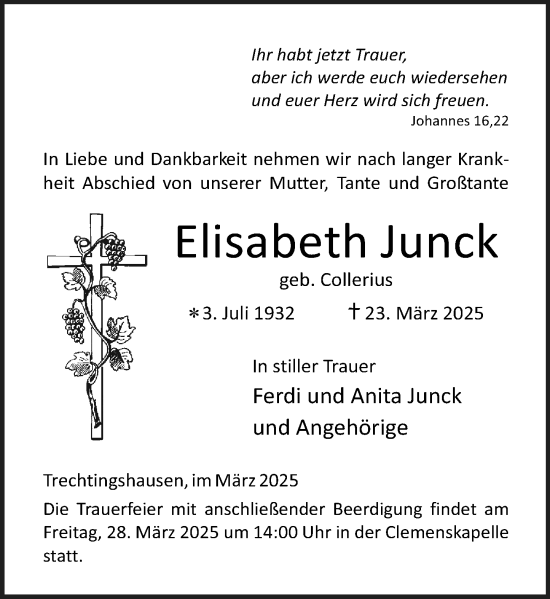 Traueranzeige von Elisabeth Junck von Allgemeine Zeitung Rheinhessen-Nahe