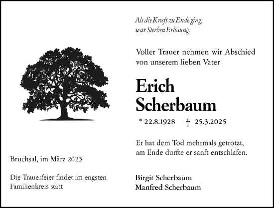 Traueranzeige von Erich Scherbaum von Wetzlarer Neue Zeitung