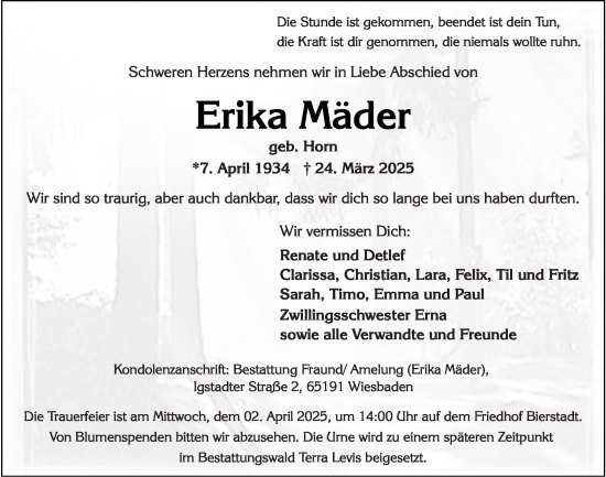 Traueranzeige von Erika Mäder von Wiesbadener Kurier