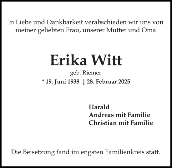 Traueranzeige von Erika Witt von Wiesbadener Kurier