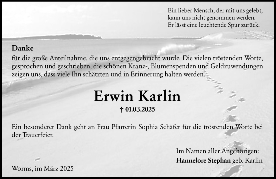 Traueranzeige von Erwin Karlin von Wormser Zeitung