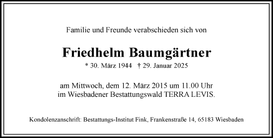 Traueranzeige von Friedhelm Baumgärtner von Wiesbadener Kurier