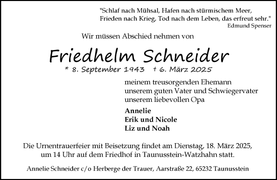 Traueranzeige von Friedhelm Schneider von Idsteiner Land/Untertaunus