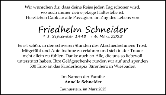 Traueranzeige von Friedhelm Schneider von Idsteiner Land/Untertaunus