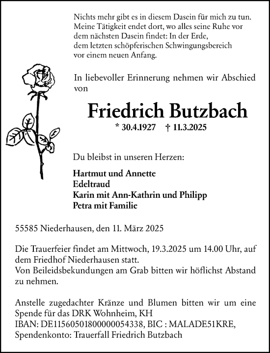 Traueranzeige von Friedrich Butzbach von Allgemeine Zeitung Rheinhessen-Nahe