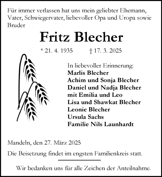 Traueranzeige von Fritz Blecher von Dill Block