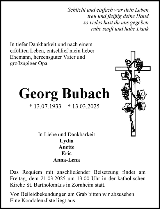 Traueranzeige von Georg Bubach von Allgemeine Zeitung Mainz