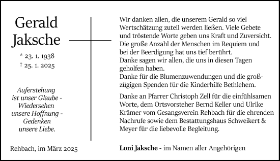 Traueranzeige von Gerald Jaksche von Odenwälder Echo