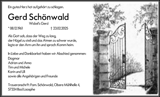 Traueranzeige von Gerd Schönwald von Hinterländer Anzeiger