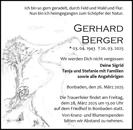 Traueranzeige von Gerhard Berger von Wetzlarer Neue Zeitung