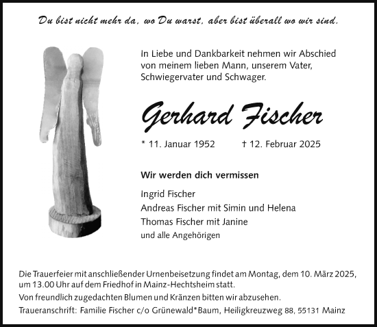 Traueranzeige von Gerhard Fischer von Allgemeine Zeitung Mainz