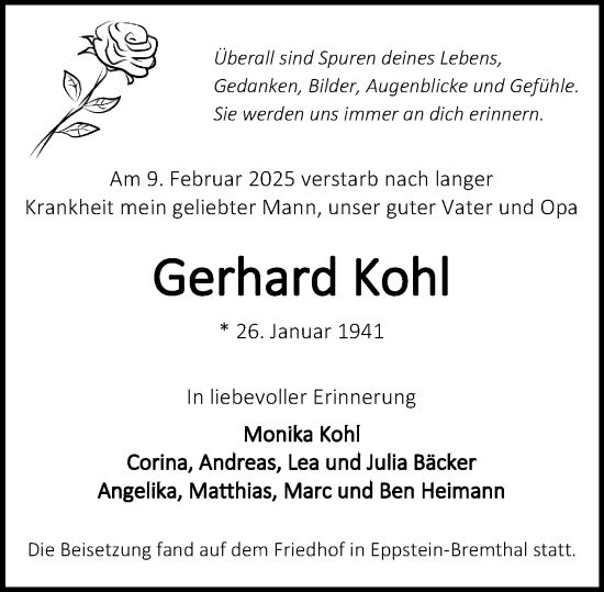 Traueranzeige von Gerhard Kohl von Wiesbadener Kurier