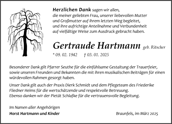 Traueranzeige von Gertraude Hartmann von Wetzlarer Neue Zeitung