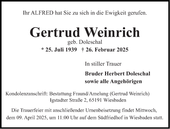 Traueranzeige von Gertrud Weinrich von Wiesbadener Kurier