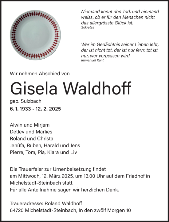 Traueranzeige von Gisela Waldhoff von Odenwälder Echo