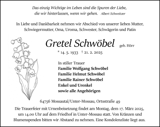 Traueranzeige von Gretel Schwöbel von Odenwälder Echo