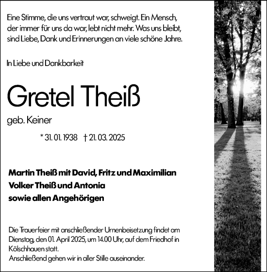 Traueranzeige von Gretel Theiß von Wetzlarer Neue Zeitung