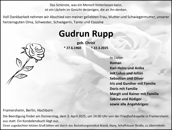 Traueranzeige von Gudrun Rupp von Allgemeine Zeitung Alzey