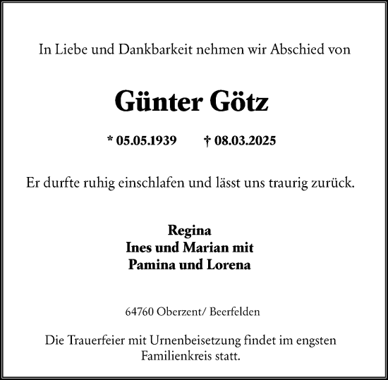 Traueranzeige von Günter Götz von Odenwälder Echo