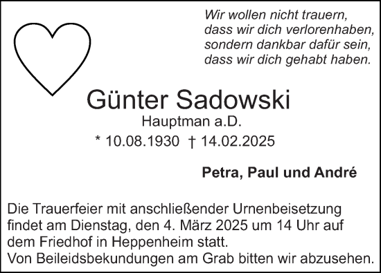 Traueranzeige von Günter Sadowski von Starkenburger Echo
