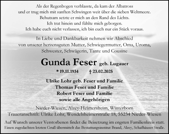 Traueranzeige von Gunda Feser von Allgemeine Zeitung Alzey