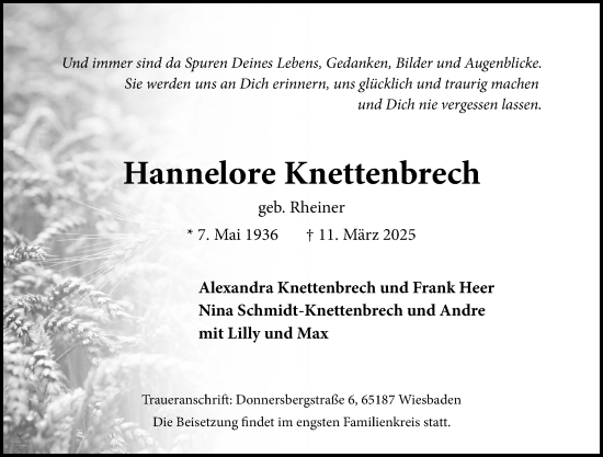 Traueranzeige von Hannelore Knettenbrech von Wiesbadener Kurier
