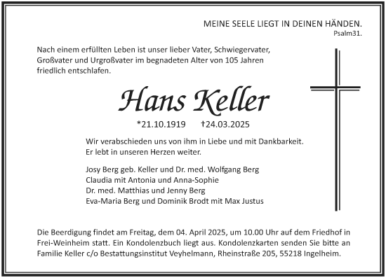 Traueranzeige von Hans Keller von Allgemeine Zeitung Rheinhessen-Nahe