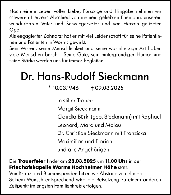 Traueranzeige von Hans-Rudolf Sieckmann von Wormser Zeitung