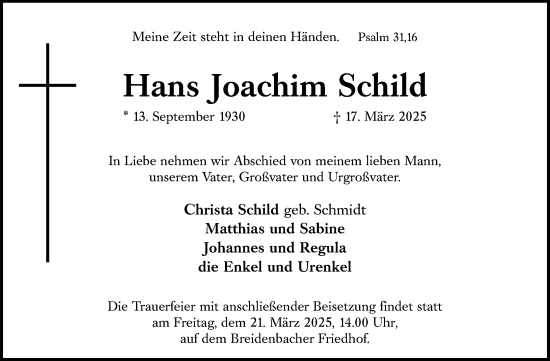 Traueranzeige von Hans Joachim Schild von Hinterländer Anzeiger