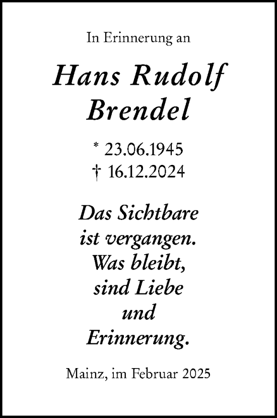 Traueranzeige von Hans Rudolf Brendel von Allgemeine Zeitung Mainz