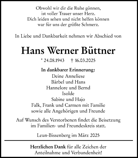 Traueranzeige von Hans Werner Büttner von Wetzlarer Neue Zeitung