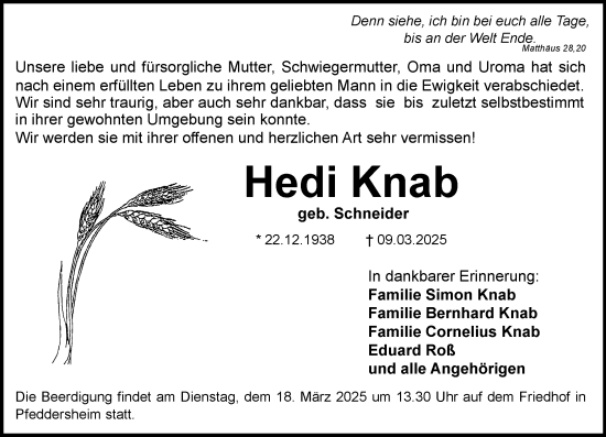 Traueranzeige von Hedi Knab von Wormser Zeitung