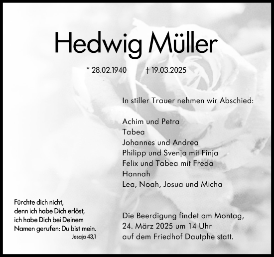 Traueranzeige von Hedwig Müller von Hinterländer Anzeiger