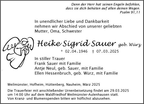 Traueranzeige von Heike Sigrid Sauer von Weilburger Tageblatt