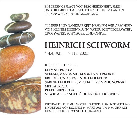 Traueranzeige von Heinrich Schworm von Allgemeine Zeitung Alzey