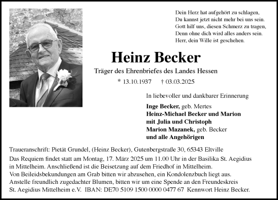 Traueranzeige von Heinz Becker von Wiesbadener Kurier