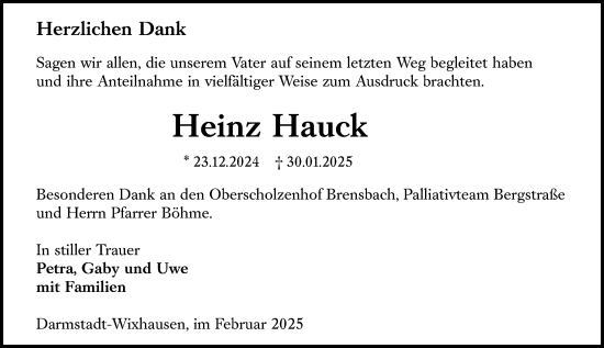 Traueranzeige von Heinz Hauck von Darmstädter Echo