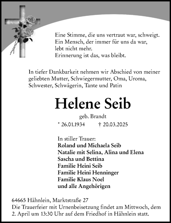 Traueranzeige von Helene Seib von Darmstädter Echo